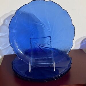 VTG  ARCOROC FRANCE Cobalt Blue Scalloped Swirl Textured Glass Plates Set of 4